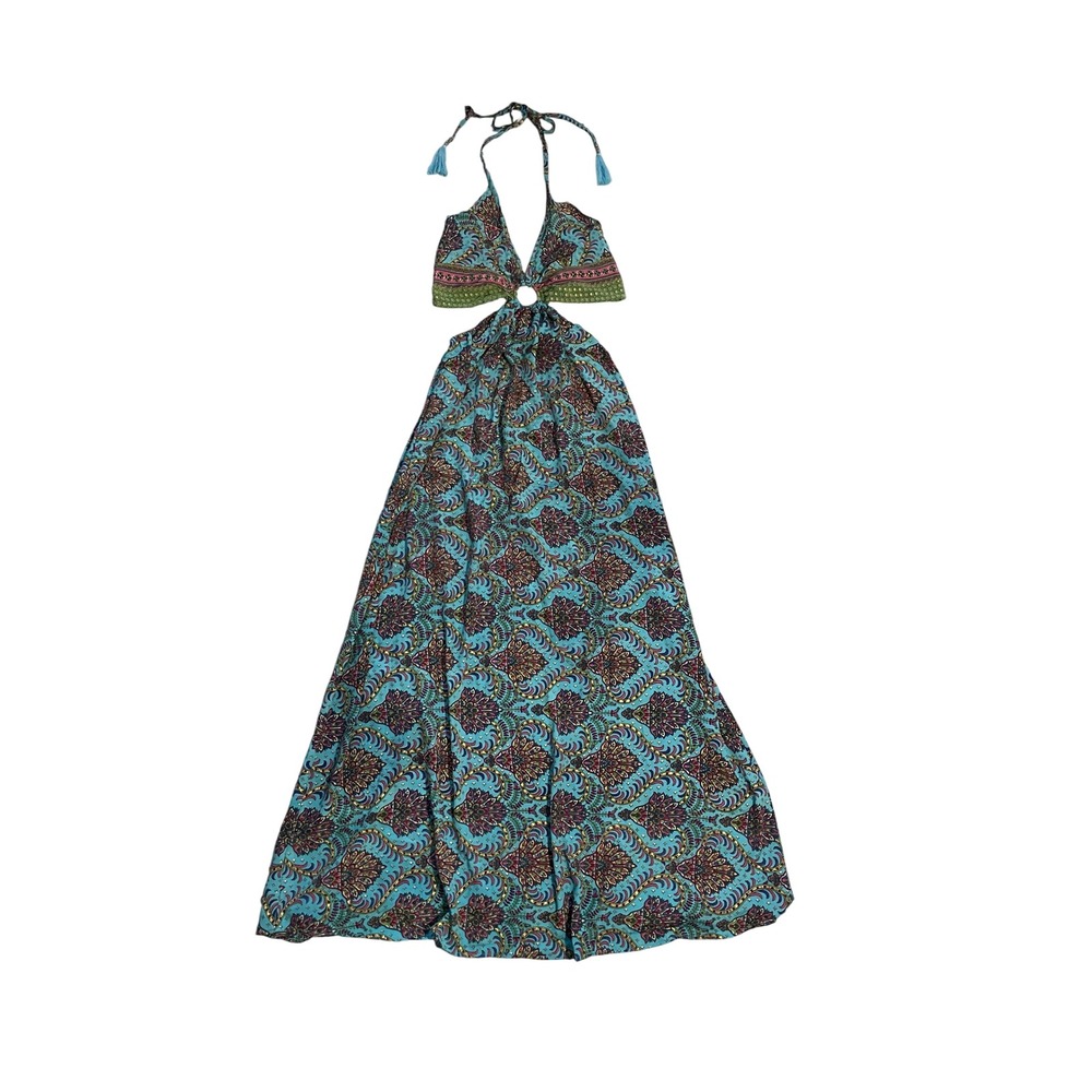 Silk Blend Paisley Halter Maxi Dress Turquoise O-Ring Cutout Boho Tassel S